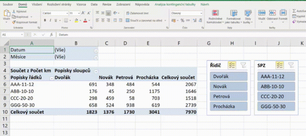 Příklad kontingenční tabulky s vloženými průřezy - DVPP - MS Excel